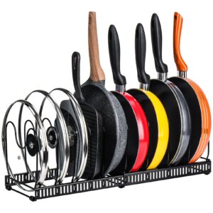 Toplife Expandable Pans Organizer Rack, 10 Adjustable Compartments, Cookware Holder for Pantry or Cabinet, Black